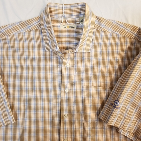 Peter Millar Short Sleeve Button Up Shirt Tan Blue Check Plaid XL - Picture 2 of 16